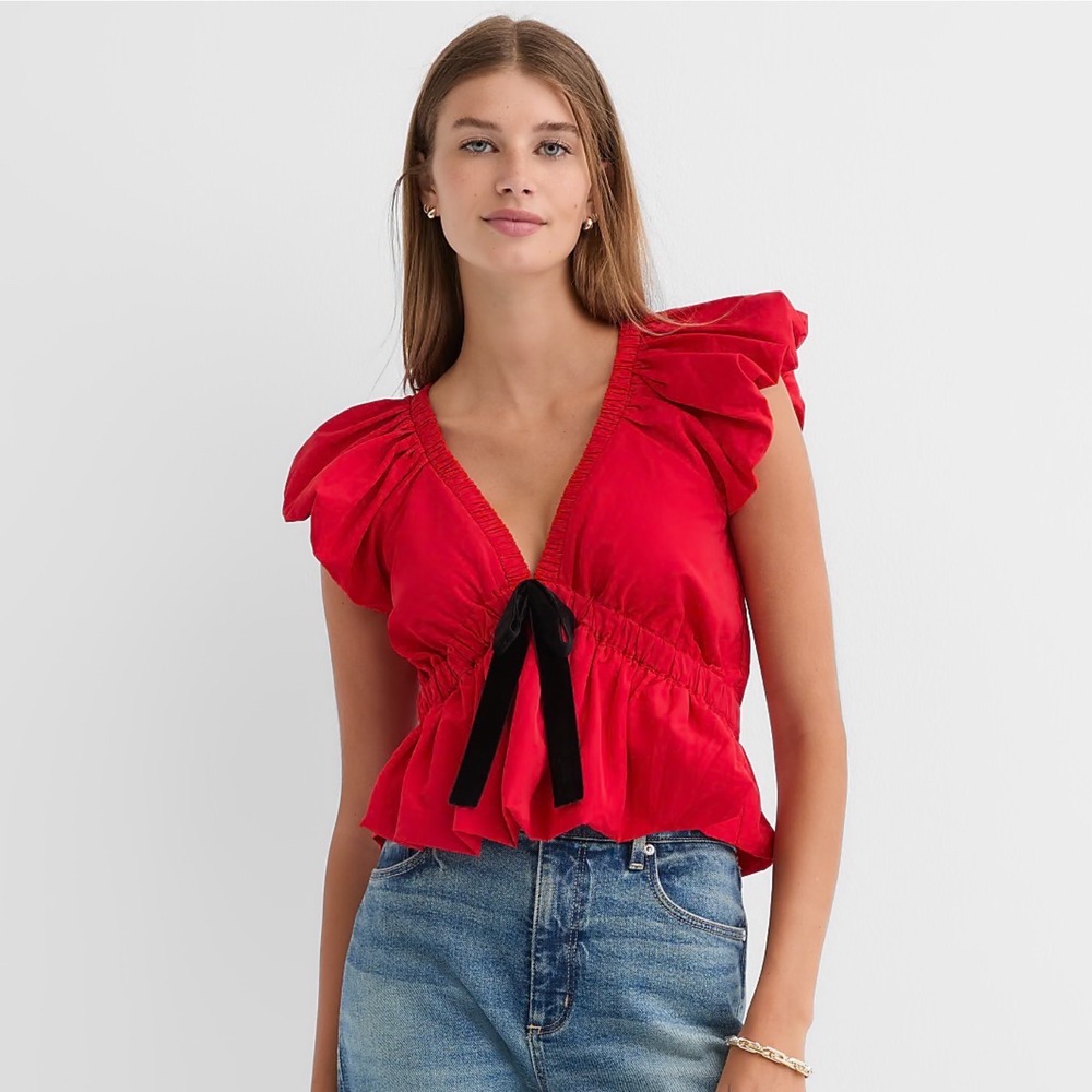 LOFT Puff Sleeve Blouse Women Medium Red New With Tags